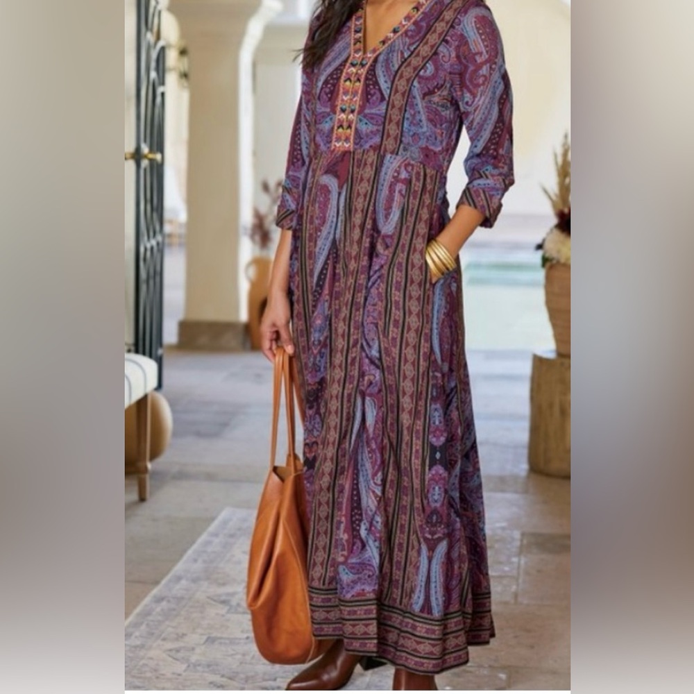 Soft Surroundings Mira Maxi Dress Purple Paisley 3/4 Sleeve Boho Sz Medium